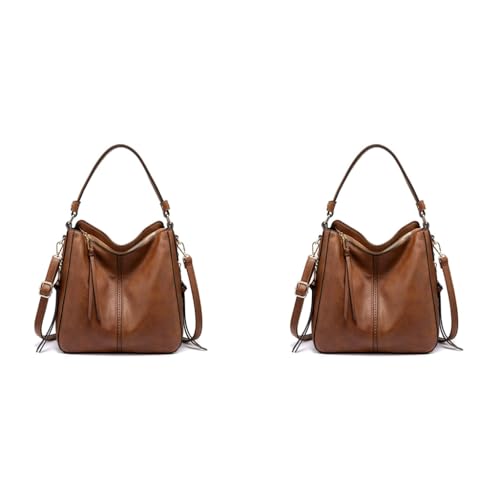 ZIBUYU® Tote Handbag for Women Fashion Faux Leather Shoulder Crossbody Bag Lady Girl Solid Color Brown 2 PCS