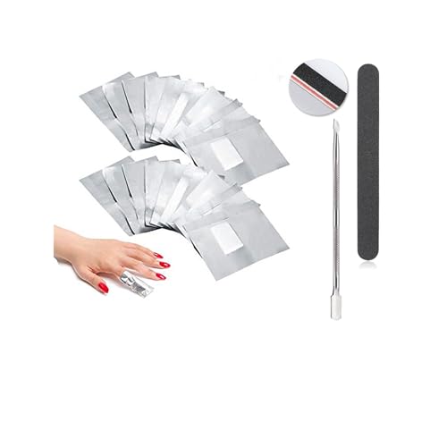 MAYCREATE 200Pcs Nail Polish Remover Foil Wraps with Pre-soaked Acetone-based Cotton Pads Gel Nail Polish Remover Wraps Finger Nail Polish Removal Tool with Cuticle Pusher & Nail Filer