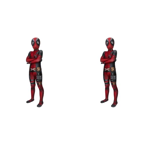 FANCYKU® Kids Deadpool Costume Suit Mask Halloween Cosplay for Boys 3D Digital Print Jumpsuit Outfit Girls Christmas Gift Size 130cm Red Black Cotton 2PCS