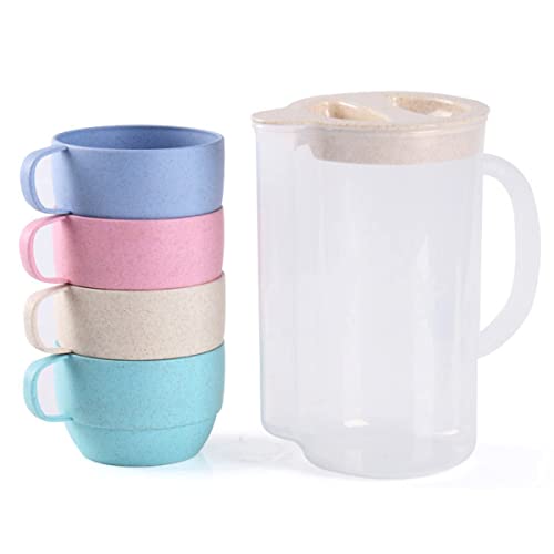 Supvox® 4 Pcs Unbreakable Wheat Straw Plastic Mugs with 2L Cold Water Kettle, 4 Multicolor Cups for Kids Children Toddler Adult, Dishwasher Coffee Mug for Water, Tea, Milks, Juice