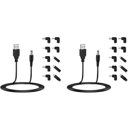 Verilux® USB to DC 5V Power Cord Universal 5.5x2.1mm Plug Jack Charging Cable with 10 Connector Tips 5.5x2.5 4.8x1.7 4.0x1.7 4.0x1.35 3.5x1.35 3.0x1.1 2.5x0.7 Micro USB Type-C Mini 2 PCS