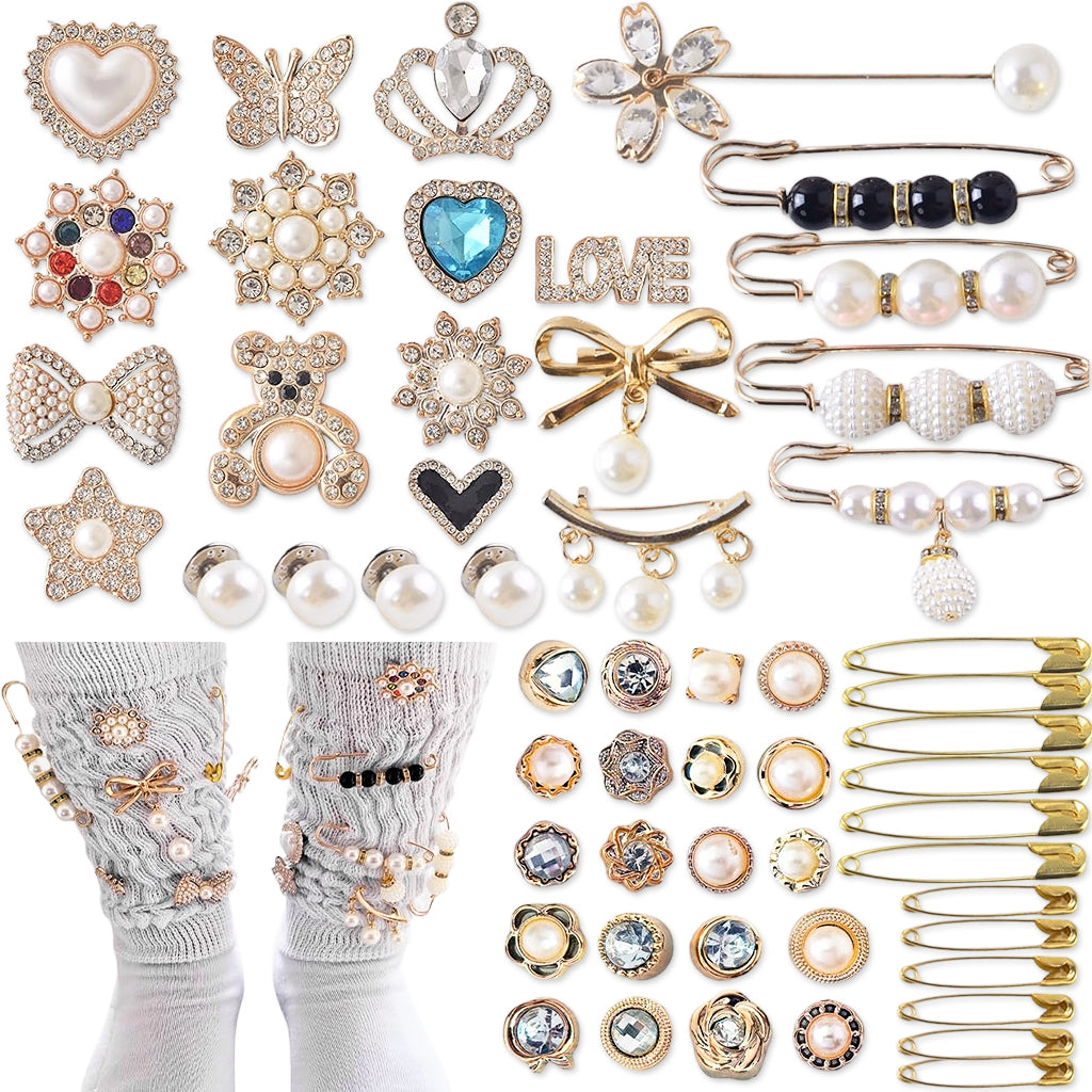 MAYCREATE 55Pcs Pearl Pin Brooches Safety Pins Shawl Pins Fashion Rhinestone Alloy Pin Brooches Hat Charms DIY Leg Warmer Charms Multi Purpose Decorative Pin Brooches