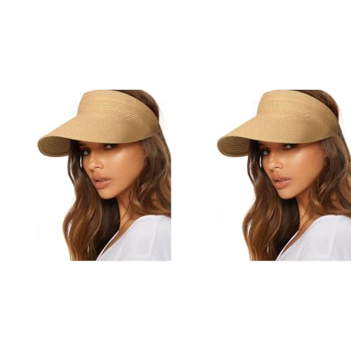 PALAY® Womens Sun Visor Hat Straw Visors for Summer Packable Ponytail Beach Hats Travel UPF 50 Khaki 2 PCS