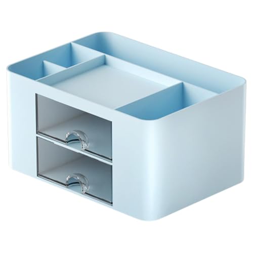ZIBUYU® SkyBlue Pencil Pen Holder Desk Organizer, 2 Drawer & 5 Compartment ABS Plastic Stationery Storage, Waterproof Desktop Organizer for Office, School, Home, Makeup & Art Supplies, Cute Blue
