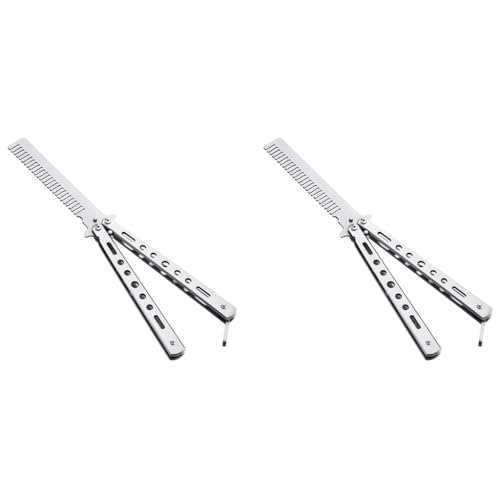 ZIBUYU® Butterfly Professional Training Comb Stainless Steel Folding Practice Unsharpened Blade Stylish Saloon Tool for Beginners Silver 2PCS