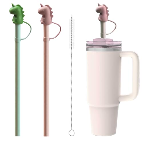 HASTHIP® 3Pcs Silicone Straw with Cleaning Brush, 12 inches Colorful Straws for Bottle, BPA -Free, Reusable, Kids Straws with Cartoon Dino Cap