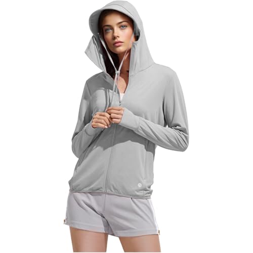 Venzina® Women's UPF 50+ Sun Protection Jacket Lightweight Sunscreen Hoodie for Hiking Outdoor Long Sleeves Sun Shirt Cooling UV Clothing with Pockets, Light Gray, L