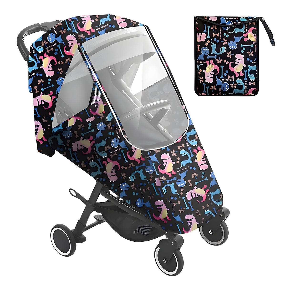 SNOWIE SOFT Rain Cover with Storage Bag Pushchair Baby Stroller Cover Zip-up Clear Front Piece Waterproof Oxford Cloth Rain Cover Dust Cover Universal Cartoon Print Cover
