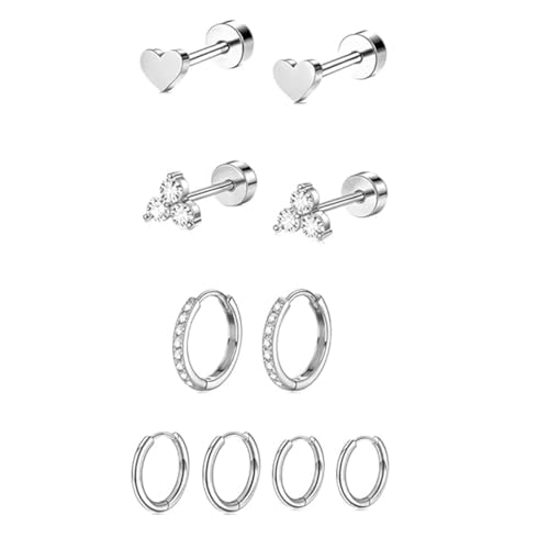 SANNIDHI® 5 Pairs Ear Studs Earrings for Women Stainless Steel Silver Rhinestone Ear Studs Fashion  Hear Shaped Ear Studs for Women Multi Sized Loop Earrings Valentine's Day Gift