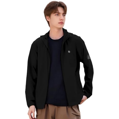 Venzina® UPF 50+ Sun Jacket for Men Long Sleeve Zip-up Sun Jacket with Zip Pocket, Removable Hat, Quick Dry Loose-fit UV Protection Clothing for Driving, Riding, Hiking, Black, XXL