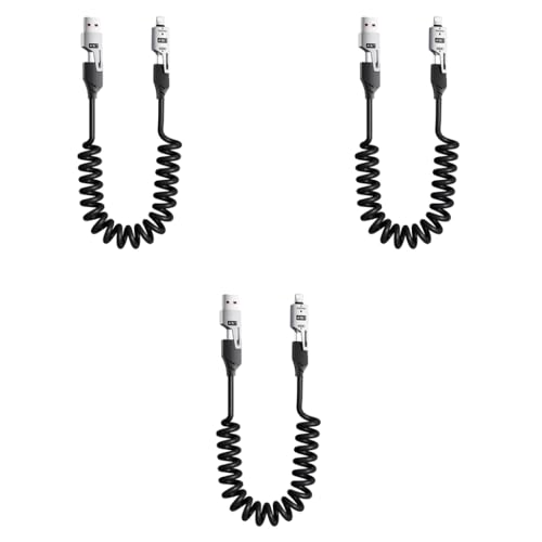 Verilux® 4 in1 Type C Cable with Spring PD65W Fast Charging 480Mbps Data Transfer USB to Type C Multi Adjustable with USB A Lightning Port for iPhone 16 15 Black 3PCS