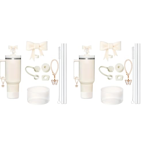 HASTHIP® For Stanley Cup Accessories Charm Kit Set 18PCS Fashion Straw Cute Bow Cap 2 Straight Straws Cleaning Brush Butterfly Handle Bottom Sleeve