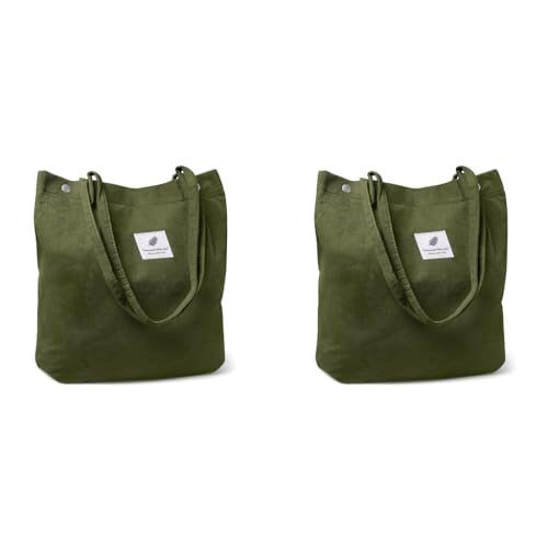 PALAY® Tote Bag Corduroy Solid Color Hand for Women Shoulder Shopping Commuting Large Grocery Dark Green 2PCS