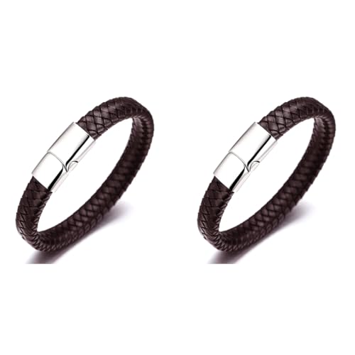 ZIBUYU® Bracelet For Men Stylish Latest Fashion Leather Hand Boys Steel Alloy Magnetic Clasp Braided Genuine Wrist Band 8.46 Inch Brown 2 PCS