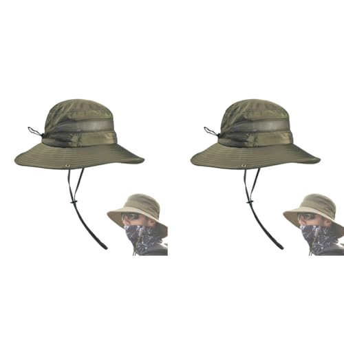 GUSTAVE® Synthetic Mens Sun Hat Wide Brim Summer Protection Cap for Men UV Round Hiking Fishing Gardening Travel Multi-Colour Army Green Free Size 2 PCS