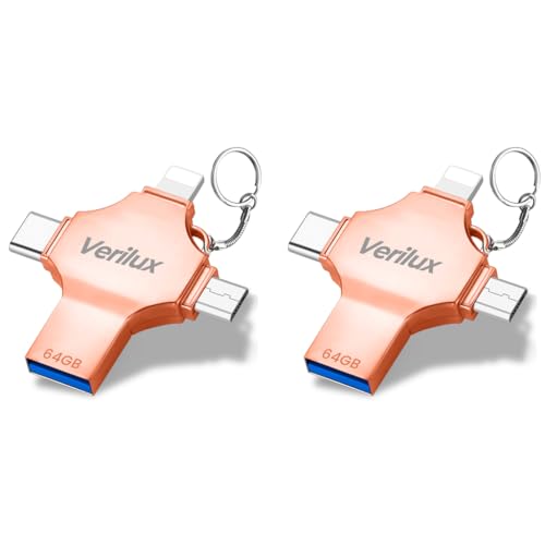 Verilux® 4 in 1 Flash Drive 64GB USB with Lightning Micro Type-C Interface Mini Hangable Compatible with Phone Pad Android PC and More Devices Rose Golden 2 PCS