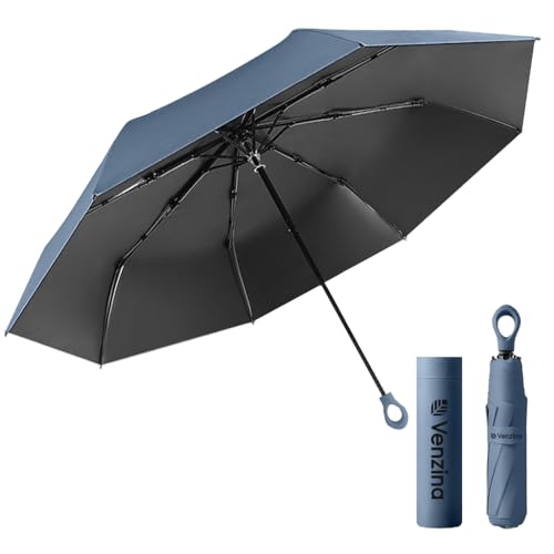 Venzina® Sun Umbrella Travel Compact Folding Umbrella Windproof Rainproof UV Protection Umbrellas with Black Anti-UV Coating Dark Blue