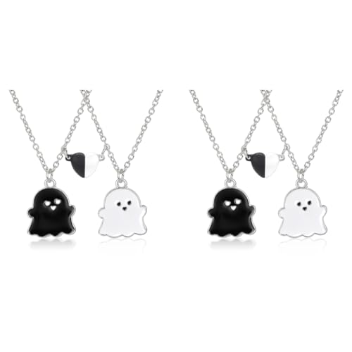 ZIBUYU® Friendship Necklace, Friendship Couple Necklaces Cartoon Ghost Necklace Black & White Magnetic Heart Charm Kawaii Little Ghost Charm Necklaces, Gifts for Best Friend Girl 2 PCS