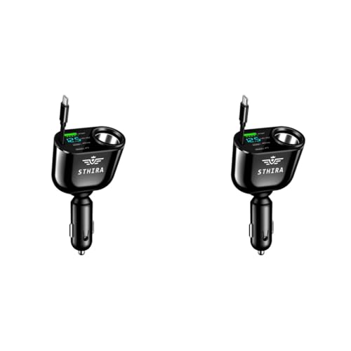 STHIRA® 5 in 1 Car Cigarette Lighter Splitter with Retractable USB C Charging Cable LCD Real Time Voltage Display Dual PD 30W Type C Ports USB A Universal 12V 24V Charger 2PCS