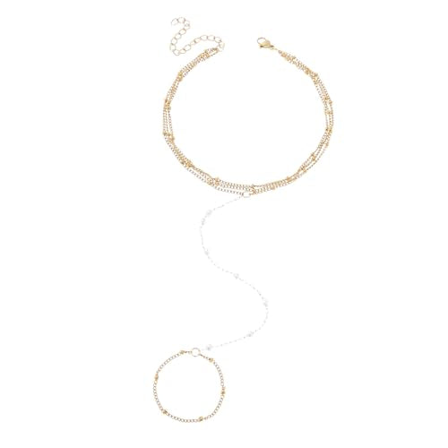 SANNIDHI® Chic Hand Chain for Women Bling Drop Hand Charm Artificial Pearl Embellishment Hand Chain Slim Golden Alloy Multi Wrist Chain Charm Fashion Hand Charm Jewelry