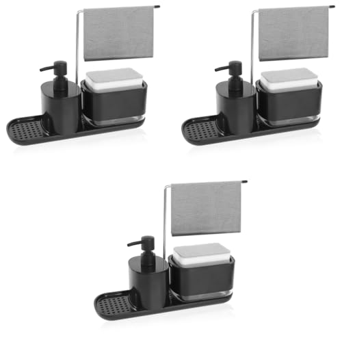 HASTHIP® Metal Kitchen Soap Dispenser Set with Sponge Drain Rack Tray and Dishcloth Holder Sink Countertop Pump for Bathroom Black 3 PCS