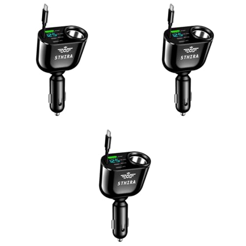 STHIRA® 5 in 1 Car Cigarette Lighter Splitter with Retractable USB C Charging Cable LCD Real Time Voltage Display Dual PD 30W Type C Ports USB A Port Universal 12V 24V Charger 3PCS