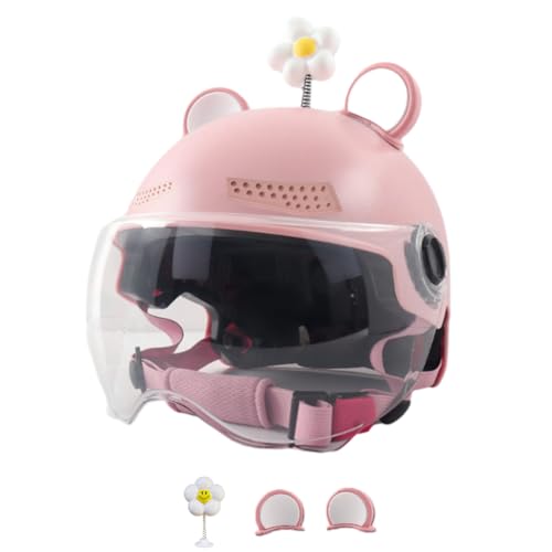 STHIRA® Scooter Helmet Cute Helmet for Women Motorcycle Helmet Open Face Helmet with Movable Clear Goggle & Adjustable Chin Strap, Safety Buffer Helmet for Scooter, Motorcycle, Bike(Pink, M Size)