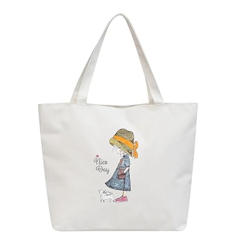 ZIBUYU® Cotton Canvas Tote Bag for Women - Reusable Straw hat Girl Shopping Bag with Graphic Print, Foldable & Washable for College, Beach, Work & Daily Use (White, 1 Pc)