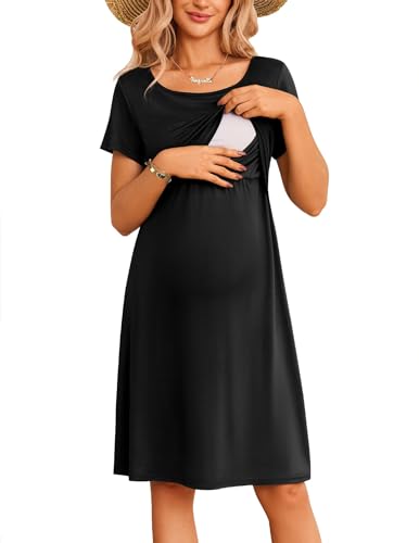 SANNIDHI® Women's Nursing Dress Summer Short Sleeve Patchwork Maternity Breastfeeding Knee Length Dress Black XL