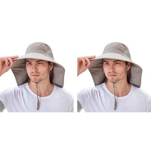 Proberos® Sun Hat UPF50+ Wide Brim with Neck Flap Chin Strap Breathable Mesh Lightweight Foldable UV Cap for Men Women Hiking Fishing Gardening Travel Beach 2PCS