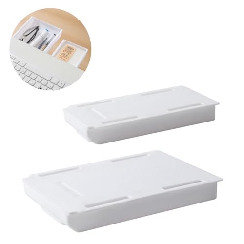 OFIFO® 2 Pack Under Desk Drawer Organizer White Plastic Slide Out Storage Box for Home Office Supplies Pen Stationery Makeup Accessories Easy Install Perfect for Study Workstation Table