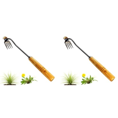 HASTHIP® Weeder Hand Tool 14.1 Inches Short Garden Weeding Steel 4-Claws Portable Manual Weed Puller for Lawn Plant Pot Vegetable Fields 2PCS