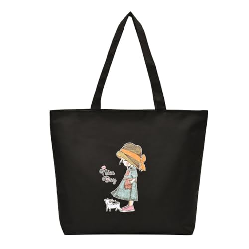 ZIBUYU® Aesthetic Canvas Tote Bag For Women, Reusable Cotton Shopping Bag, Modern Black Graphic Print, Foldable, Machine Washable, Eco-Friendly, Work, Beach, College & Daily Use, 1 Pc (Black)