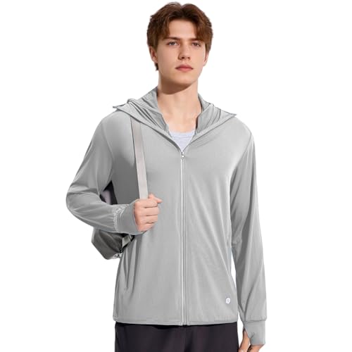 Venzina® UPF 50+ Sun Jacket for Men Lightweight UV Sun Protection Hoodie with Chin Strap, Quick Dry Sunscreen Clothing Long Sleeve Sun Shirts for Hiking Fishing, Light Gray, XL
