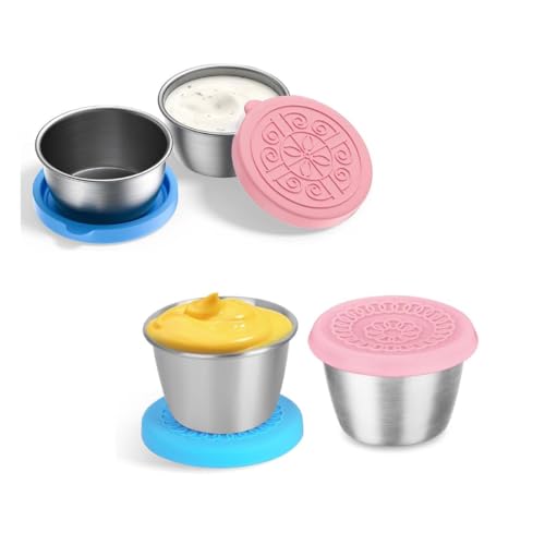 HASTHIP® Combo Pack of 2pcs 40ML & 2pcs 70ML Stainless Steel Salad Dressing Containers with Lids, Leakproof Sauce Cups for Lunch Box, Picnic, Travel, Crafts, DIY, Pink+Blue