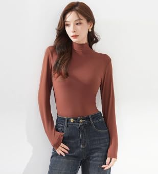 Venzina® Women Long Sleeve Top Mock Neck Slim Fit Top, Solid Color Basic T-Shirt Blouse Base Wear Soft Stretch Pullover Tee, Rust Brown-L