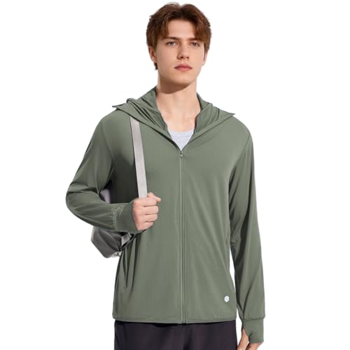 Venzina® UPF 50+ Sun Jacket for Men Lightweight UV Sun Protection Hoodie with Chin Strap, Quick Dry Sunscreen Clothing Long Sleeve Sun Shirts for Hiking Fishing, Green, M