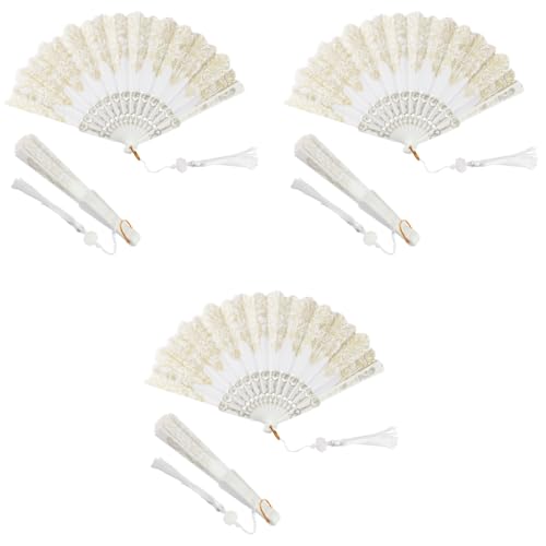HASTHIP® Hand Fan Elegant White Fabric Traditional Chinese with Tassel Charm Summer Handheld Cooling Travel Gift for Girls Women 9 inches 3 PCS