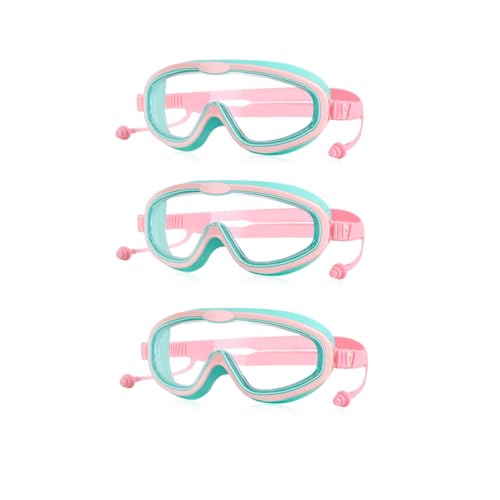 Proberos® Swimming Goggles for Kids with Ear Plugs Big Frame Leakproof Anti-fog UV Protection Adjustable Swim Goggles for Boys Girls Age 6-14 Pink X3