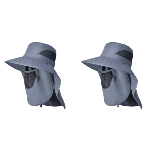 GUSTAVE® Sun Hat Wide Brim Hiking UV-Protection with Neck Flap Removable Face Cover Outdoor Unisex with Chin Strap Breathable for Fishing Gardening Grey 2 PCS