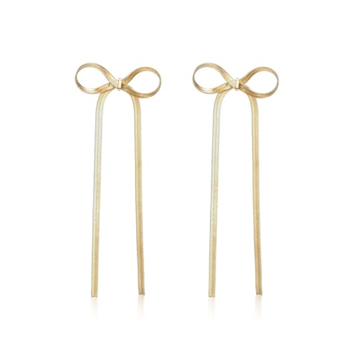 SANNIDHI Bow Earrings for Women Fashion 4'' Bow Drop Studs Earrings for Women Gold Soft Steel Dangle Earrings Long Tassel Chain Earrings Wedding Statement Gifts for Women - 1 Pairs