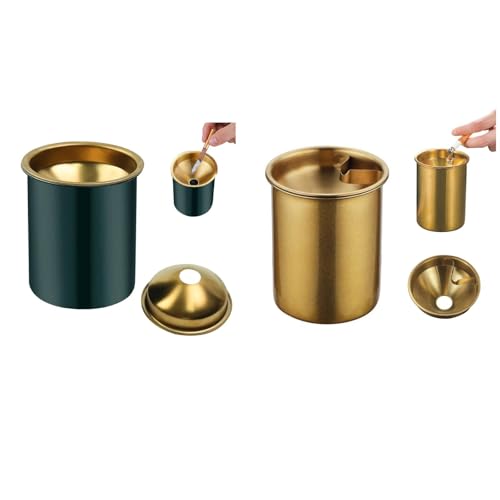 HASTHIP® Stainless Steel Ashtray Combo, Green & Golden Windproof Ashtrays with Funnel Lid & Cigarette Holder, Car, Table, Home, Office, DIY, Journaling, Scrapbooking, Crafts, 3.9 Inch