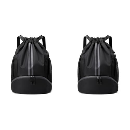 Optifit® Basketball Drawstring Bag With Shoe Compartment Large Capacity Fitness Backpack for Gym Football Outdoor Sports Water-resistant Fabric Black 2 PCS