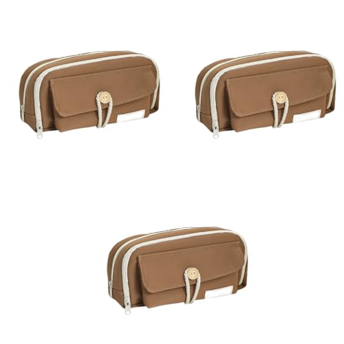 ZIBUYU® Student Pencil Pouch Canvas Pen Storage Double Layer Zip-up Office Stationery Organizer Fashion Girls Boys 21x11x7.5cm Coffee Brown 3PCS