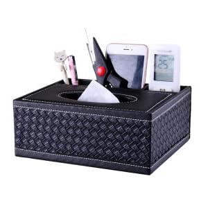 HASTHIP Desktop Organizer for Home Office with 23.5×16.7×9.4 cm Size and Three Compartments | PU Leather Tissue Box Holder