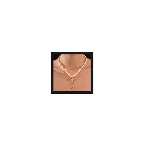 SANNIDHI® Necklace for Women Girls 3Pcs Boho Gold Seashell Starfish Pendant Necklaces Layered Beads Necklace Chains Beach Jewelry Gift Item for Women