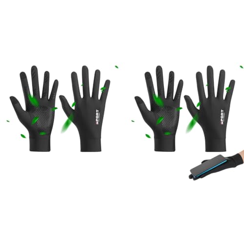 Proberos® 2 Pairs Sun Protection Gloves, UPF 50+ Summer Ice Silk UV Upgrade Anti-Slip Palm Touch Screen Finger Tips Design Unisex Black for Driving Golfing Riding - Size L