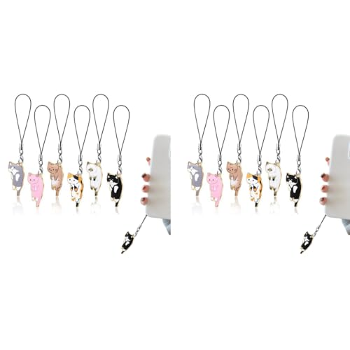 ZORBES® 12PCS Cute Cartoon Kitty Mobile Phone Charms with Line Loop Kawaii Cat for Case Chain Accessories Good Luck Lanyard Women Girls Bag