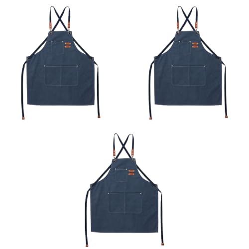 HASTHIP® Canvas Work Apron for Men Women Dark Blue Adjustable Tie-Back Multiple Front Pockets Metal Eyelets Heavy Duty Kitchen Barista Woodwork Workshop Stain Tear Resistant 3PCS