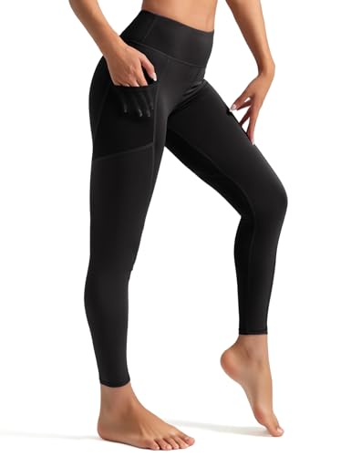 Venzina® Women's Legging Running Pants with Pocket, Stretchy Taceless Sport Leggings, Tummy Control & Butt Lifting, Full Length Fashion High-Waisted Leggings, Black-L